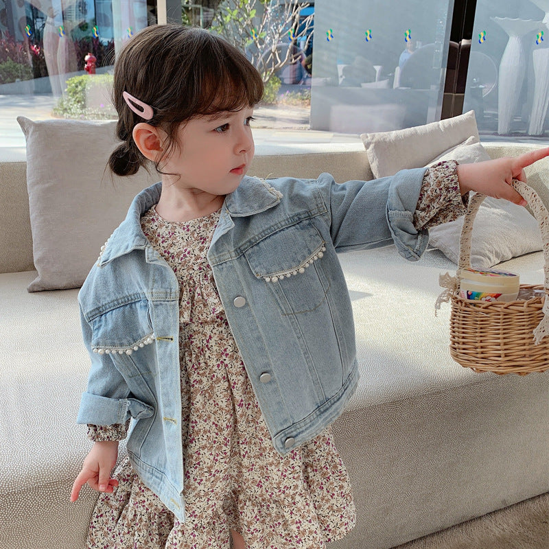 Korean style girls' spring new children's Pearl Denim coat baby