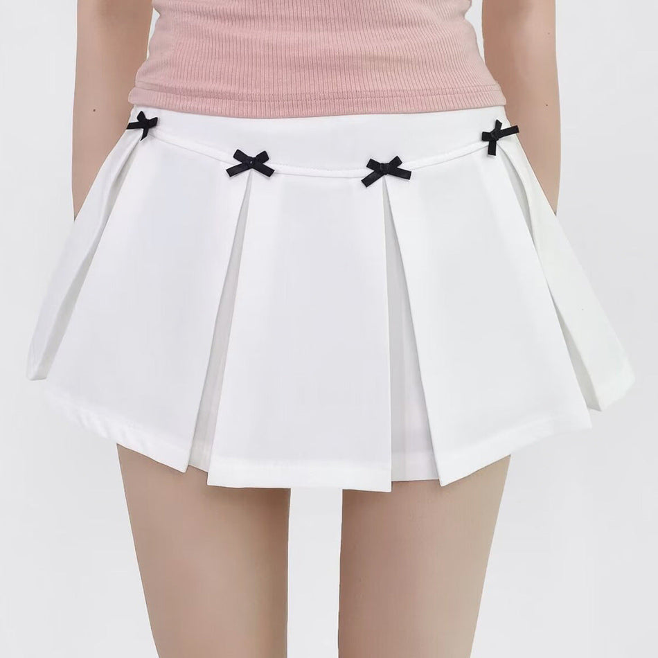 High-Waist White Bow Pleated Skirt – French Style