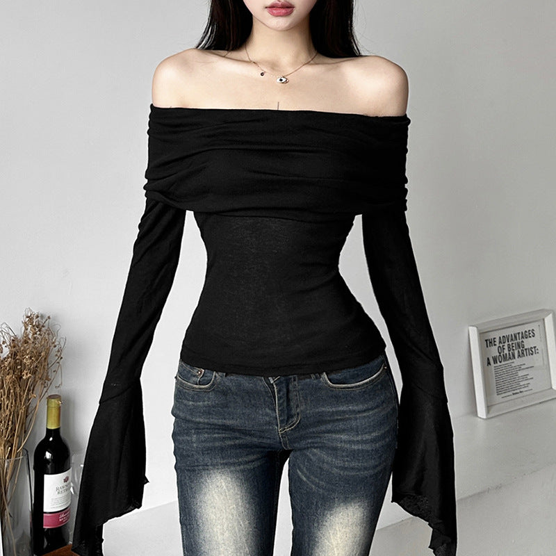 One Line Collar Backless Slim Long Sleeve T Shirt Women Tops