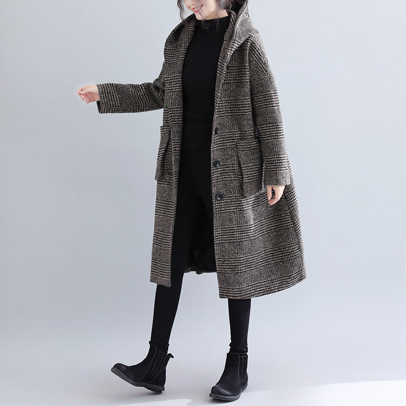 Houndstooth Korean Woolen Coat Women Winter Plus Size In Stock
