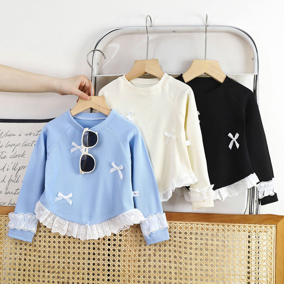 Girls’ Bow Lace Long-Sleeve Bottoming T-Shirt