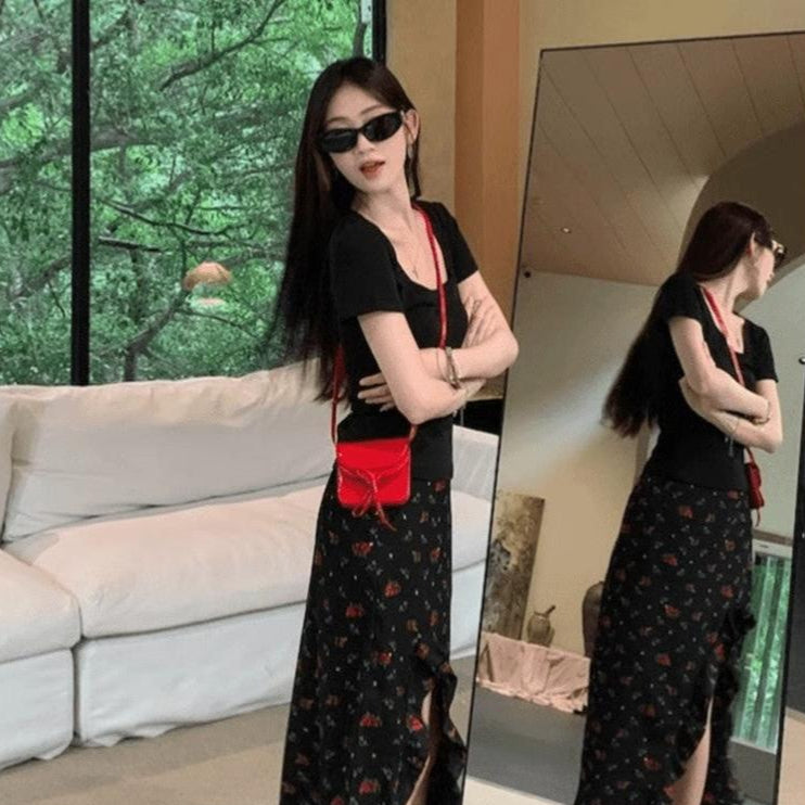 French Black Floral A-Line Skirt – High Waist & Chic Split