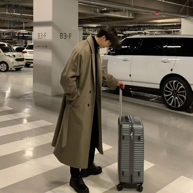 Korean Style Mid-Length Overcoat – Men’s Versatile Wool Trench
