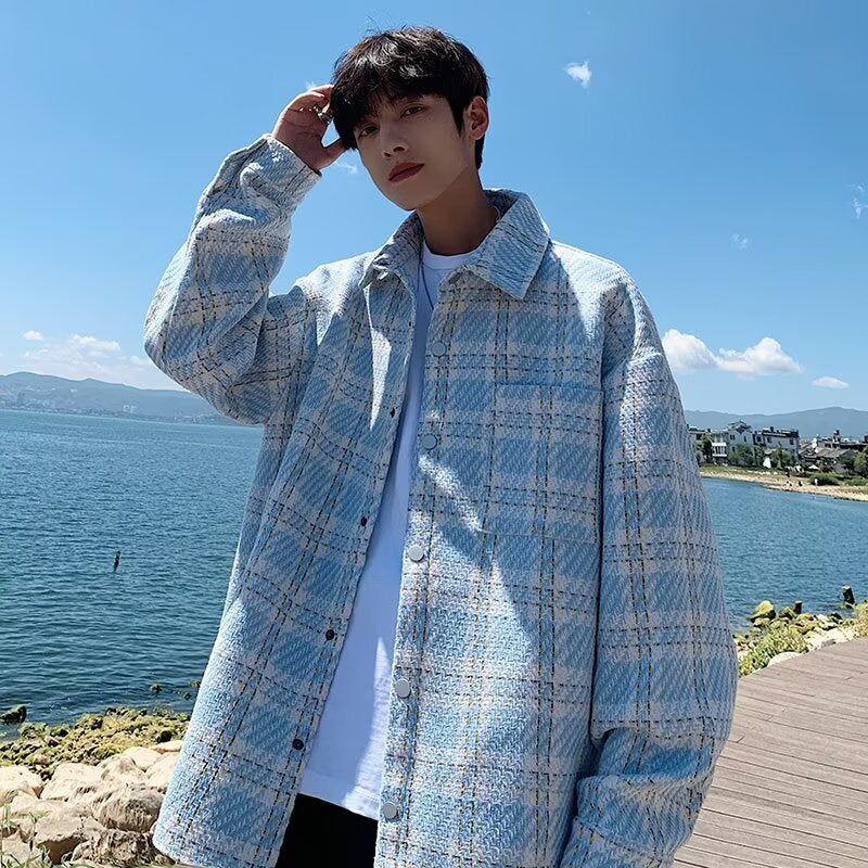 Houndstooth Tweed Overshirt Men’s Autumn Winter Jacket