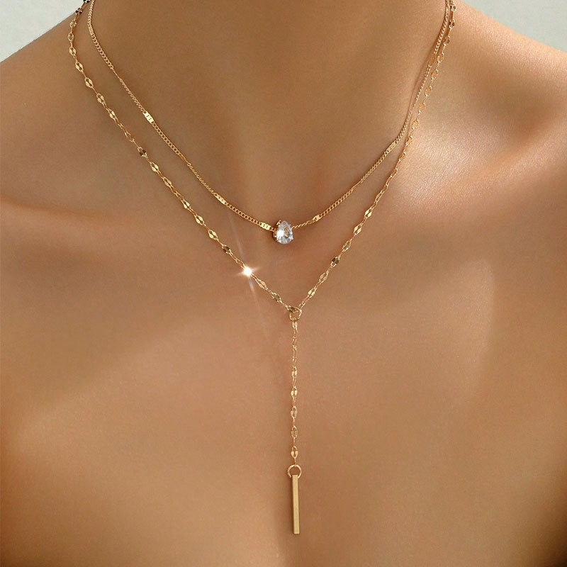 Double Layer Crystal Y Pendant Necklace for Women