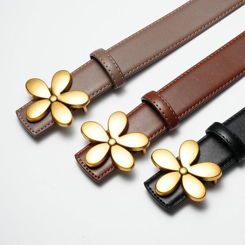 Women’s Black Flower Cowhide Decorative Belt