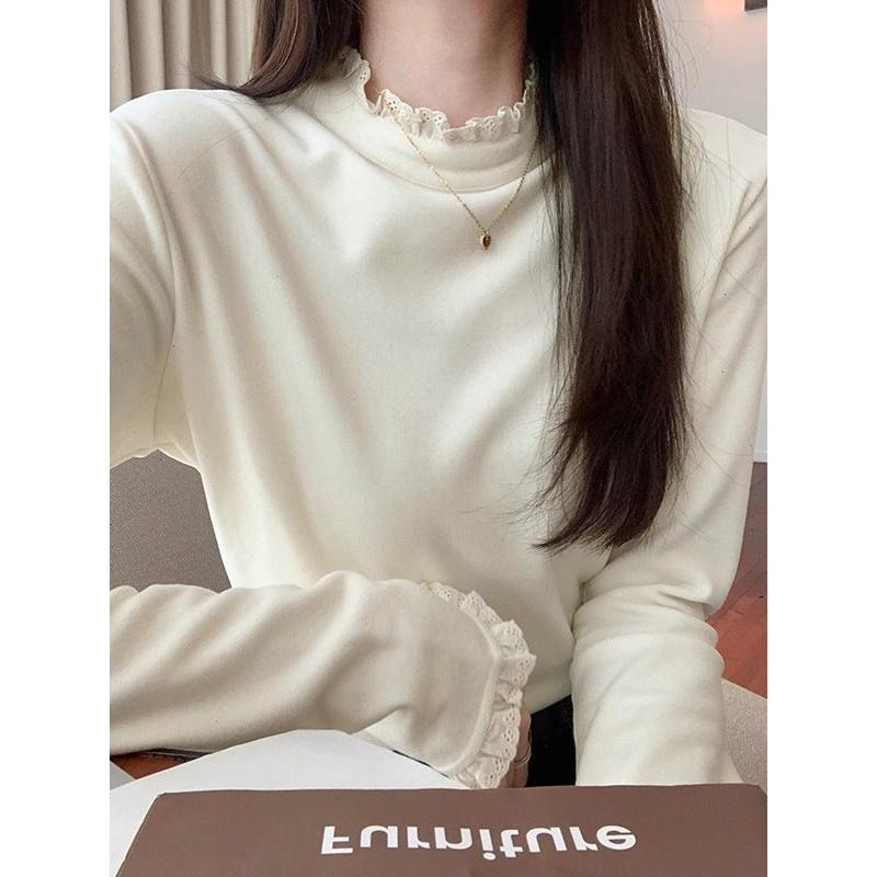 Lace Trim Velvet Stand Collar Inner Top