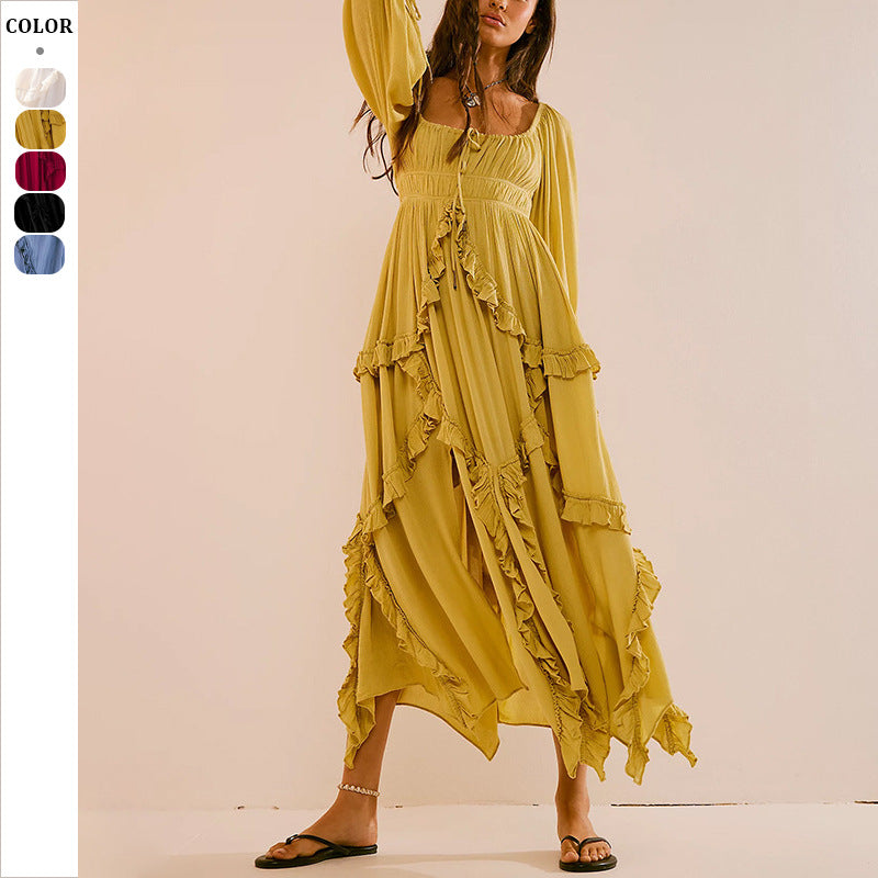 Autumn 2024 U-Collar Ruffled Lace Split Dress – Elegant Chic