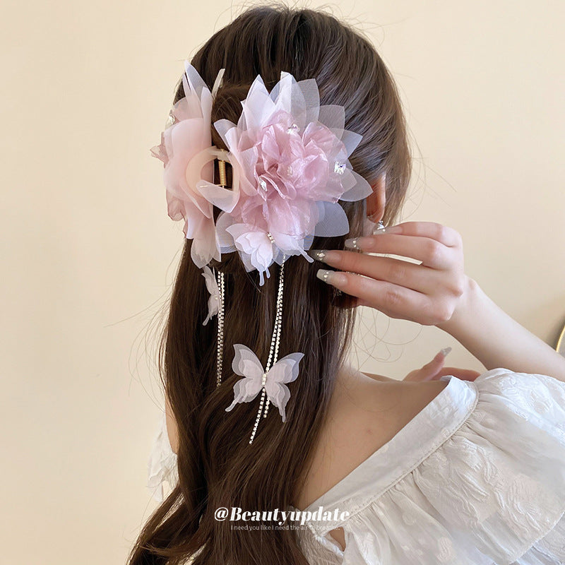 Mesh Flower Diamond Butterfly Tassel Hair Clip – Sweet &