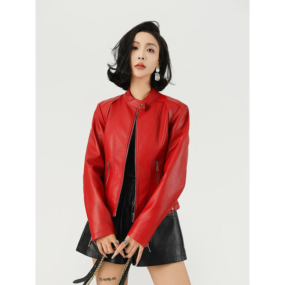 Women’s Stand Collar PU Leather Short Jacket