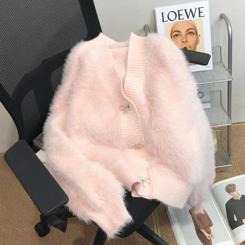 Women’s Pink Mink Velvet V-Neck Knit Cardigan