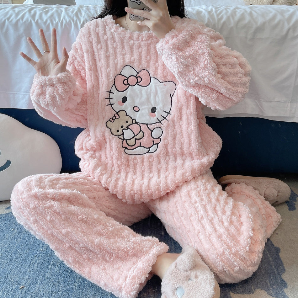 STOCK-Cartoon Cat Coral Velvet Pajamas Set