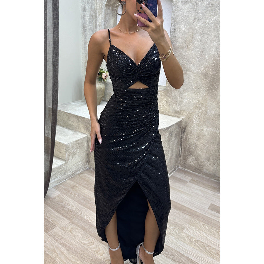 Sequined Sling Split Dress - 2026 "INS" Liquid Metal Party Style