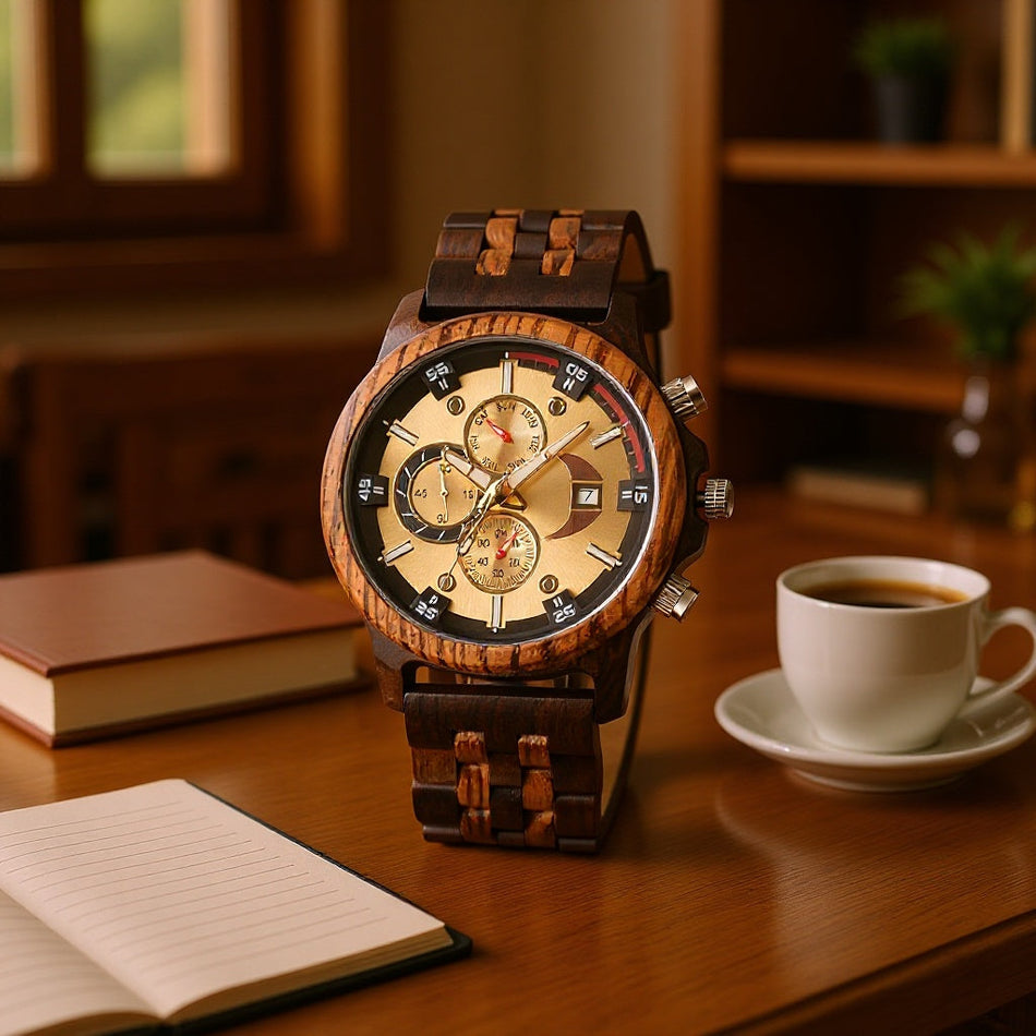 STOCK-Men’s Sandalwood Quartz Watch – Multi-Function Wooden Dial