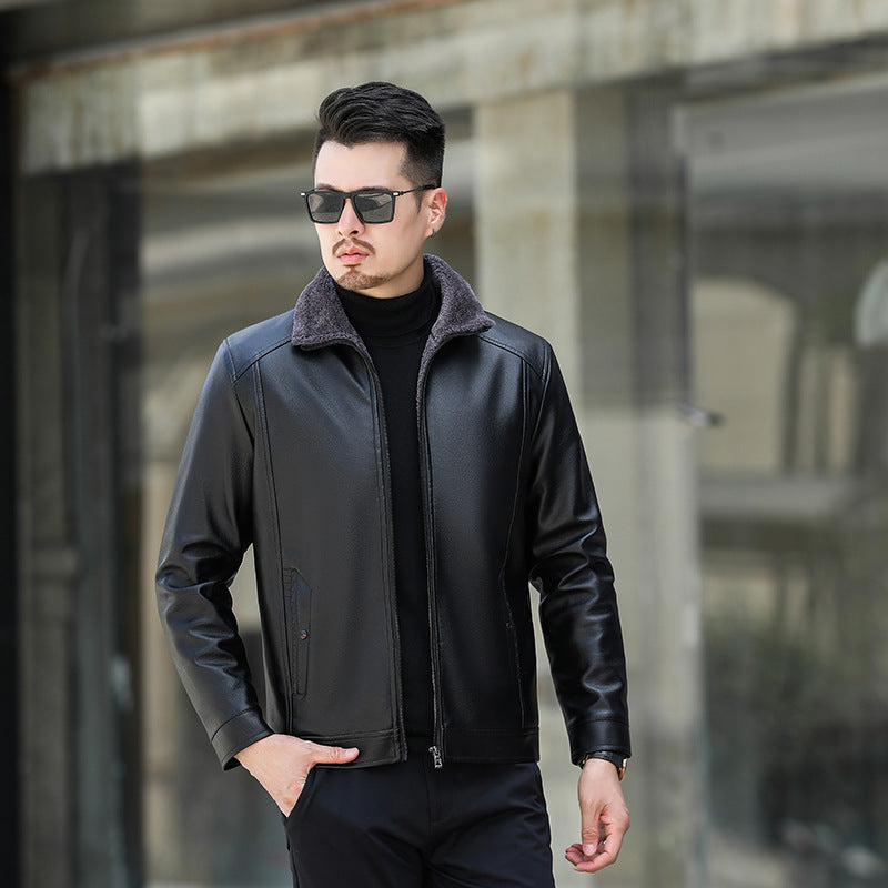 STOCK-Men’s Fur Lined Leather Jacket Winter Loose Casual Coat