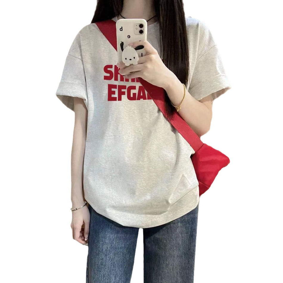 Korean-Style Cotton Letter Print T-Shirt