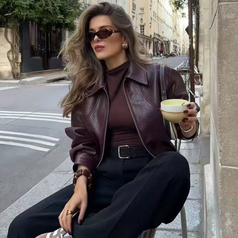 Women’s Retro Lapel Zipper Leather Jacket
