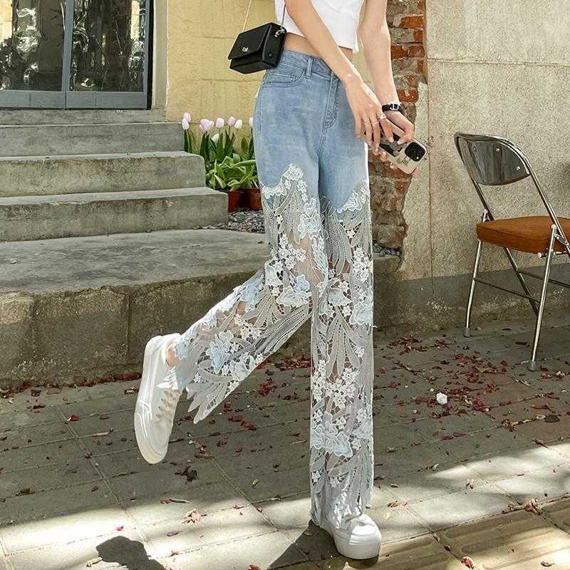 Lace Stitching Retro Slim Straight Jeans