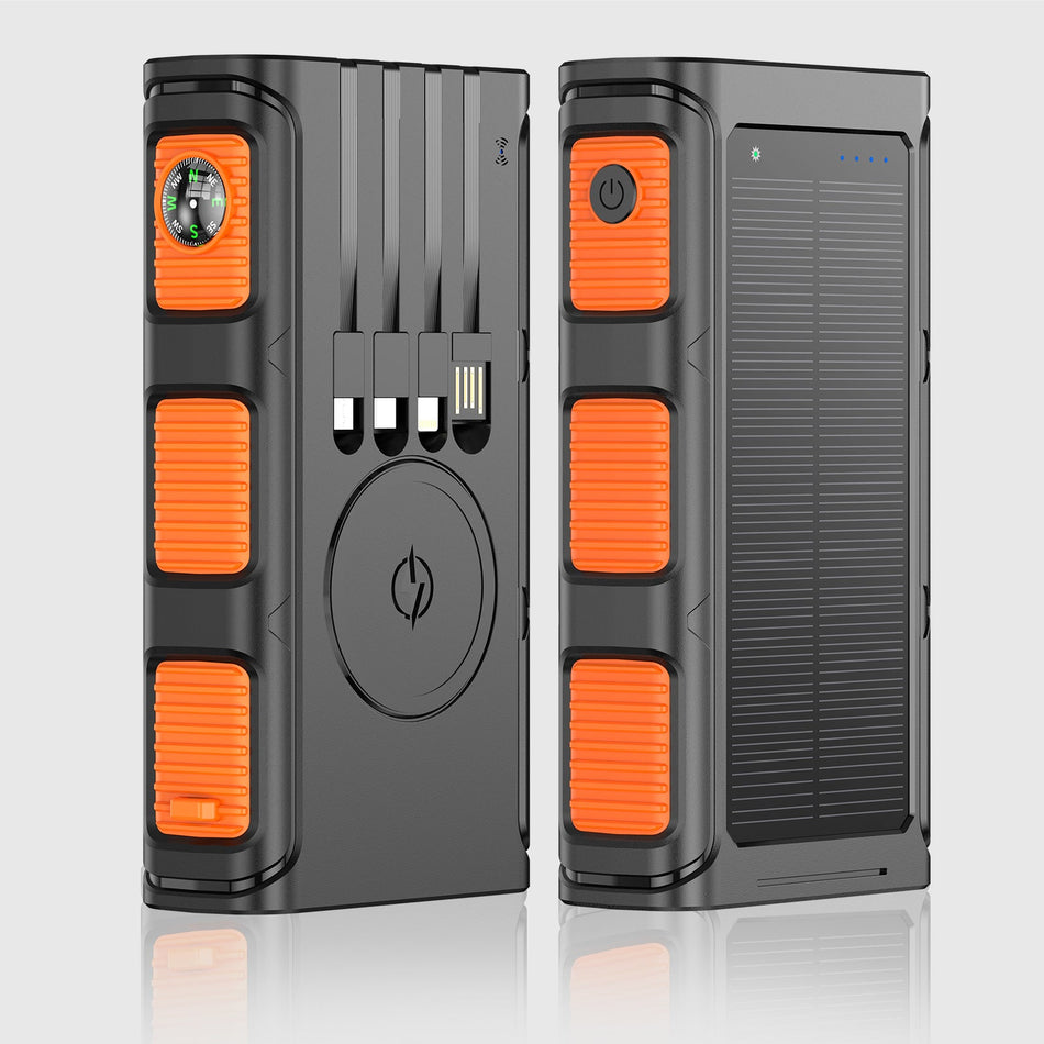 30000mAh Solar Power Bank Wireless Built-In Cable
