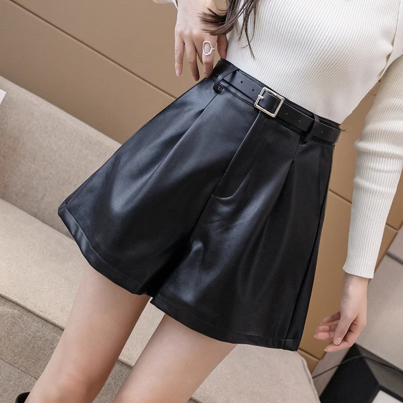 Black PU Leather High Waist Wide Leg Shorts Women
