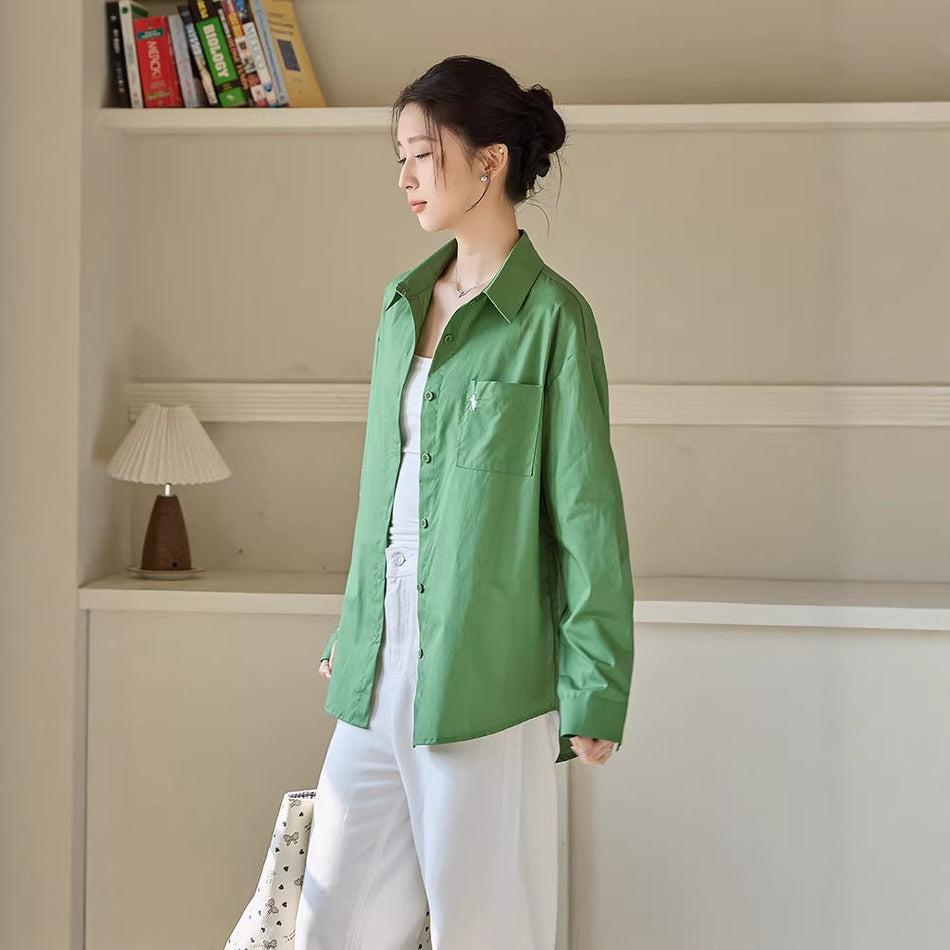 Women’s Classic Green Lapel Shirt with Pocket Logo