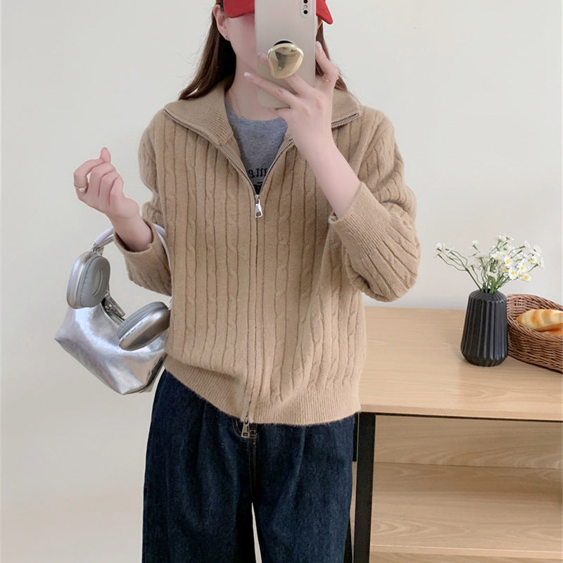 STOCK-Women’s High Collar Cable Knit Zipper Cardigan