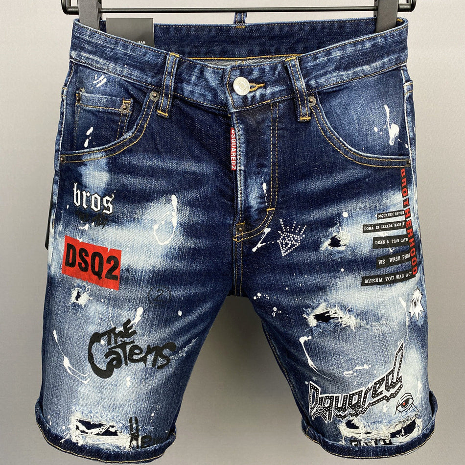 Men's Ink Print Ripped Black Denim Shorts