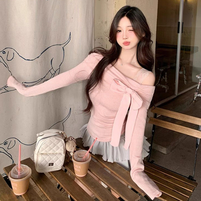 One-Shoulder Bowknot Top Sweet Long Sleeve Tee