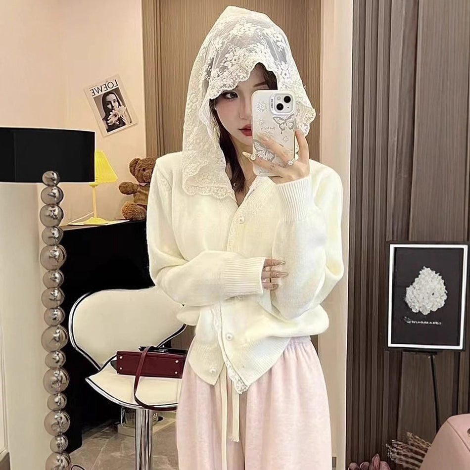 Lace-Spliced Hooded Knitted Sweater for Women