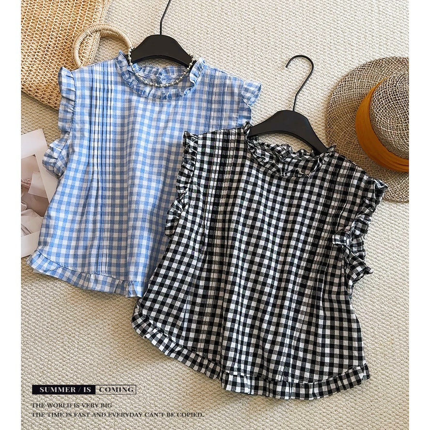 Summer Korean Fashion Ruffled Plaid Sleeveless Shirt