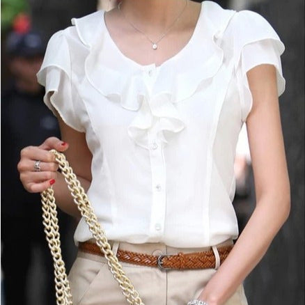 Korean Ruffled Lace White Chiffon Shirt Short Sleeve ProPlus