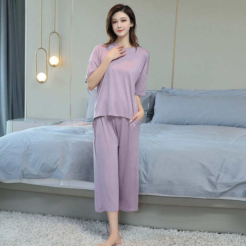 Modal Ice Silk Summer Pajama Set – Short Sleeves & Cropped Pants