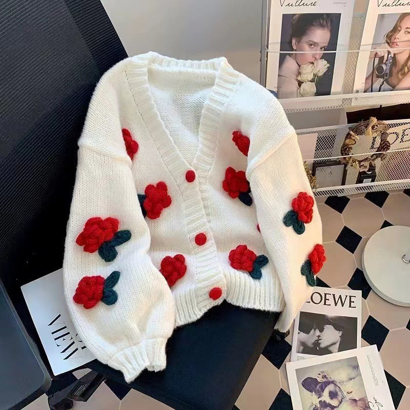 Women’s Korean-Style Sweet Flower Knit Cardigan