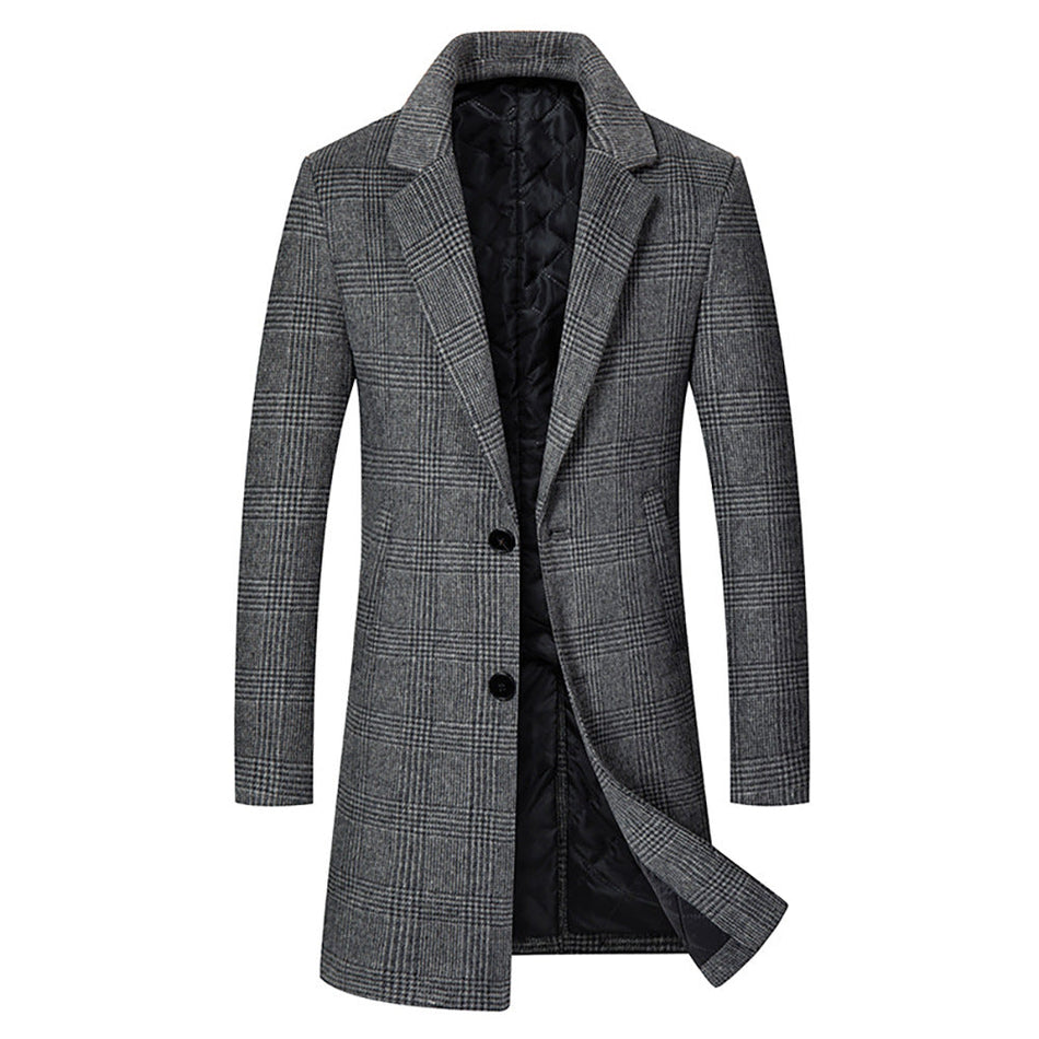 Men’s Mid-Length Quilted Plaid Woolen Coat Slim Fit