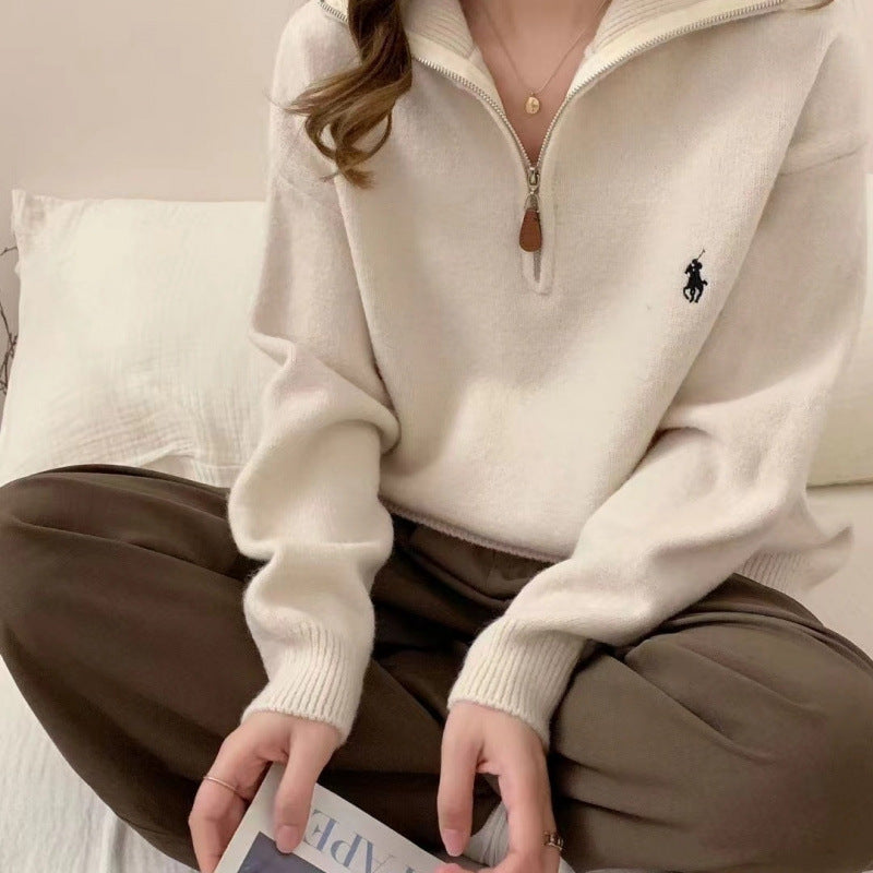 Korean Half-Zip Embroidered Pullover Sweater Women