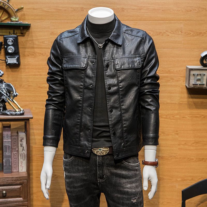 Men’s Spring-Autumn Short Stand-Collar Leather Jacket