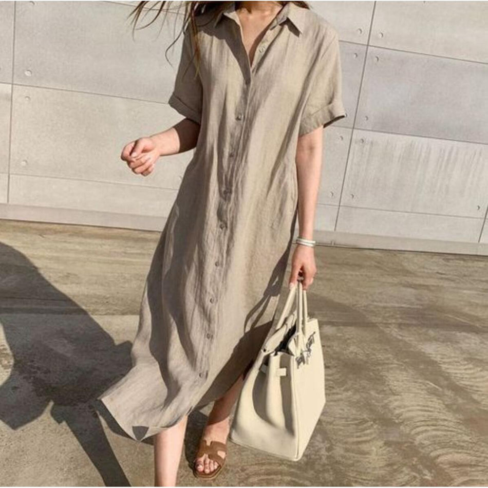 Linen Shirt Dress – Loose Fit with Lace-Up Waist & Short Sleeves