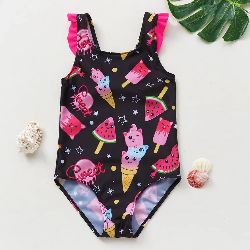 Girls’ Cartoon Swimsuit – Watermelon & Ice Cream Print