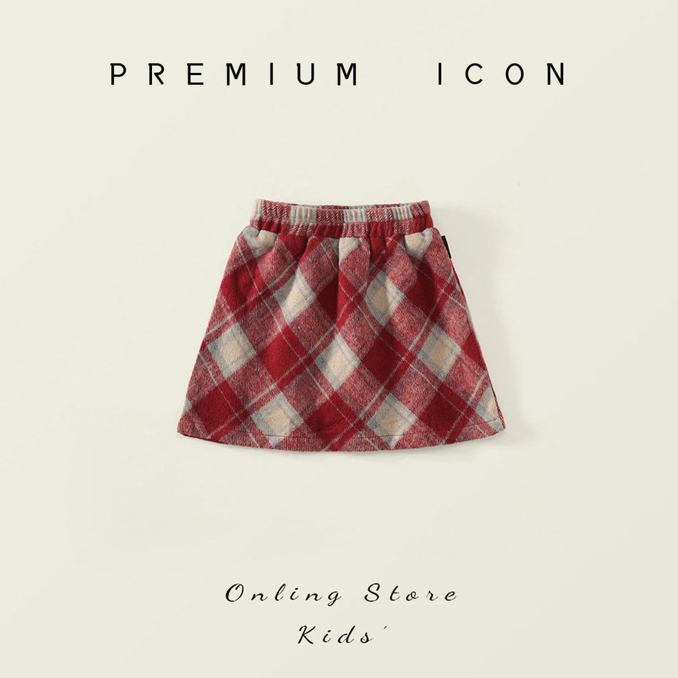 Girls Korean Style Red Plaid Woolen A-Line Skirt