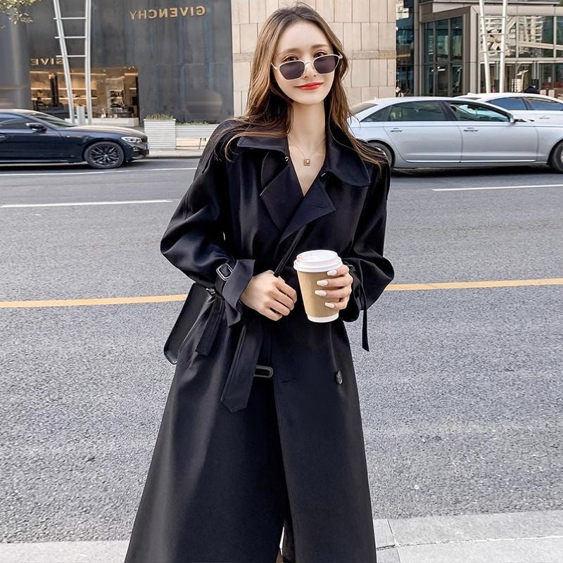 Black Lined Trench Coat Women Mid Length Slim Fit