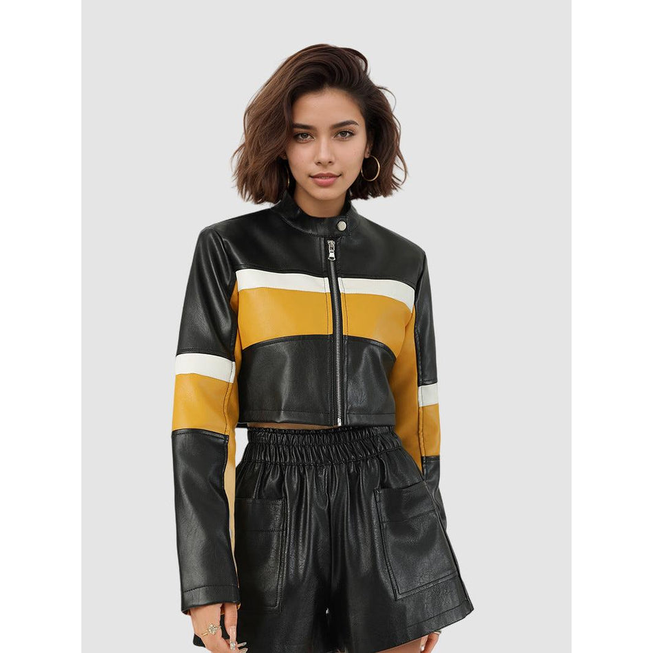 Slim-Fit PU Leather Jacket with Contrast Stitching