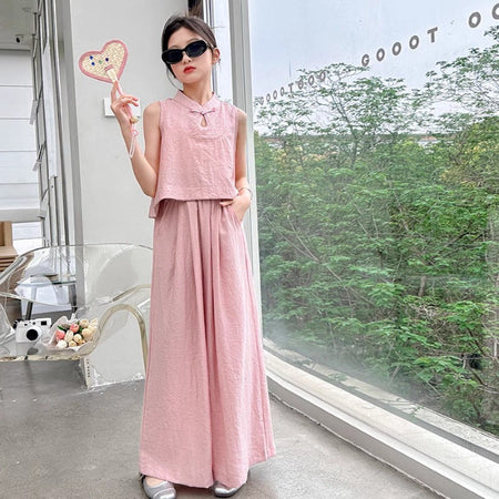 Girls Solid Color Sleeveless Top Wide Leg Pants Set – Summer Kids Clothes Nepal | Tudoholic
