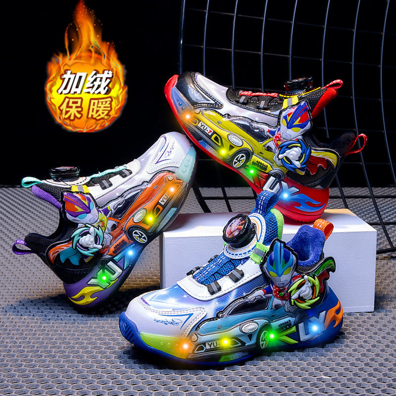 Boys Luminous Leather Sports Shoes with Warm Cotton Belt