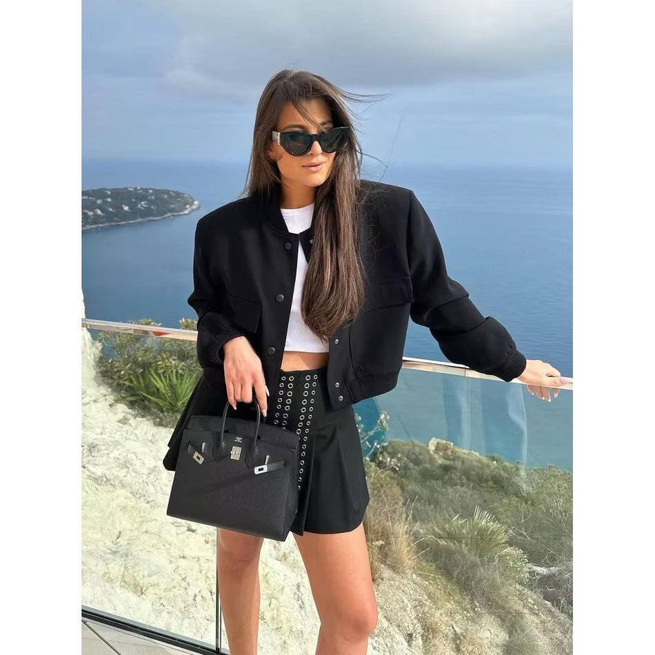 Stand-Up Collar Flap Pocket Jacket for Women