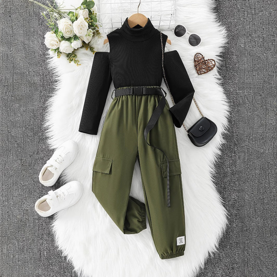 Girls' Green Two-Piece Set – Stylish Knit Top & Wide-Leg Pants