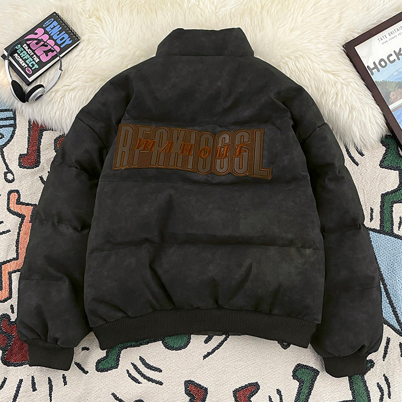 Vintage Embroidered PU Leather Down Jacket Oversize Unisex