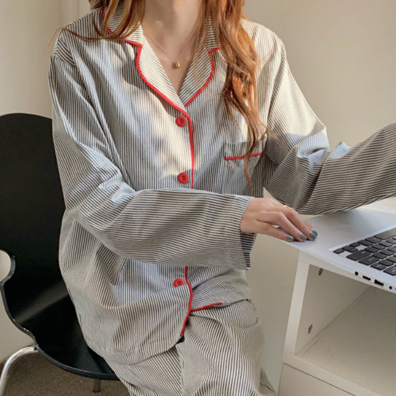 Women’s Striped Pajamas Long-Sleeved Cardigan Korean Style Set