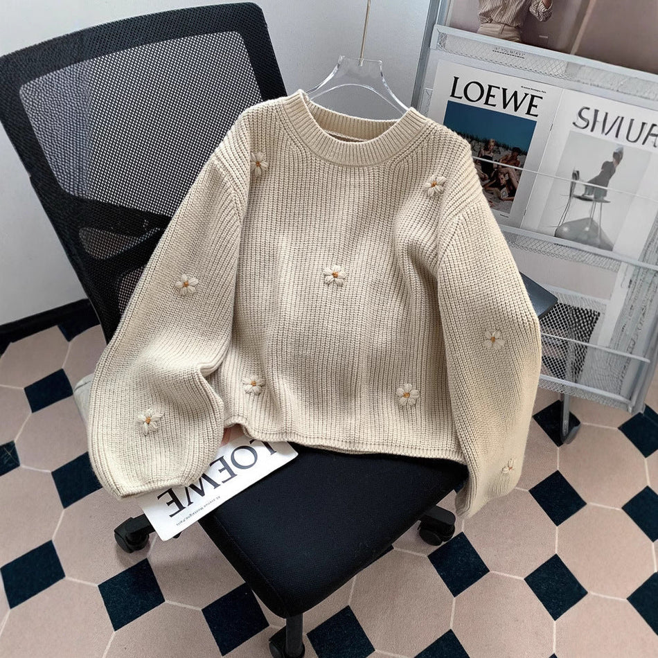 STOCK-Retro Flower Embroidered Pullover