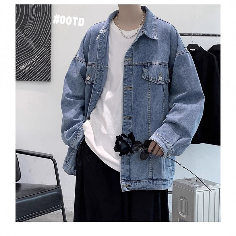 Korean Style Men’s Denim Jacket – Casual Lapel Cardigan