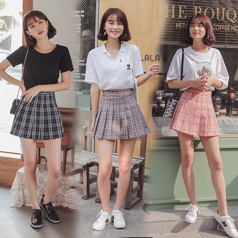 Academic Style High-Waist Plaid Pleated Skirt for Women